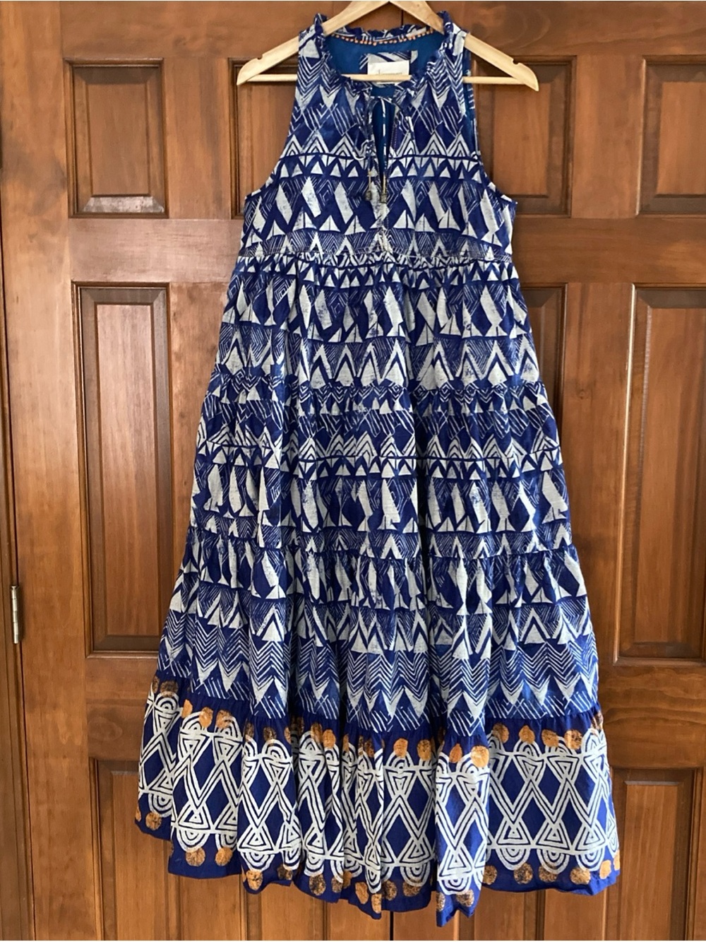 Anthropologie Blue & White abstract Tiered Maxi Dress women’s medium petite